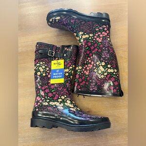 Western Chief Black Floral Waterproof Boots with Pink & Cream Accents